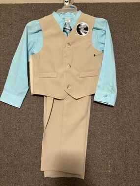 George Khaki Vest Set with Aqua Shirt and Navy-Striped Tie